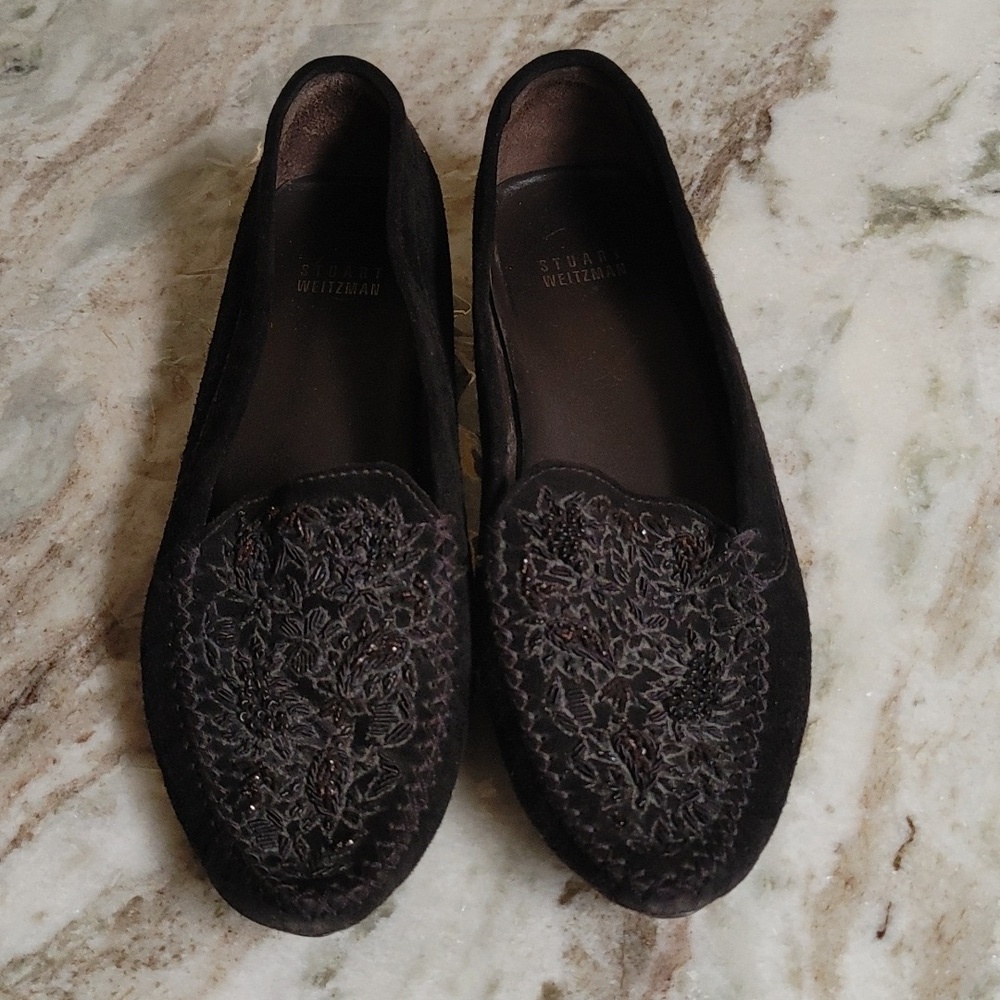 Stuart Weitzman Black Suede Moccasin Pointed Toe Beaded Front Size 9.5